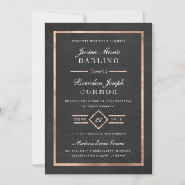 Modern Deco Roos Gold & Black Wedding Invitation Kaart