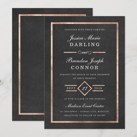 Modern Deco Roos Gold & Black Wedding Invitation Kaart (Voorkant / Achterkant)