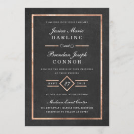 Modern Deco Roos Gold & Black Wedding Invitation Kaart