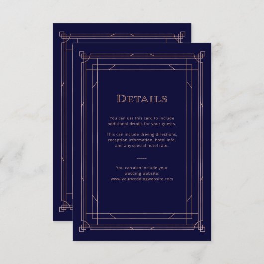 Modern Deco Roos Gold | Details marinebruiloft Informatiekaartje (Voorkant / Achterkant)