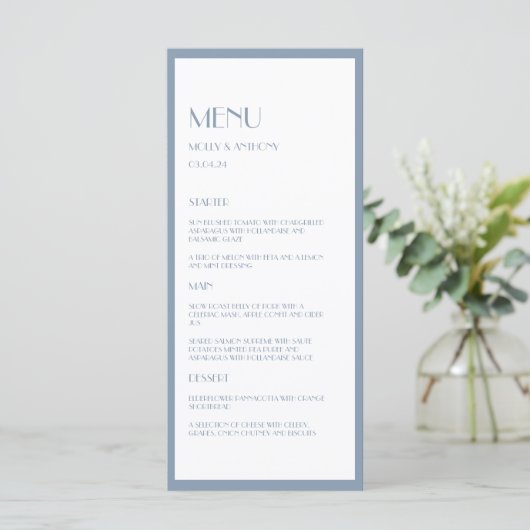 Modern Deco Stoffig Blauw Bruiloft Flat Menu (Staand voorkant)