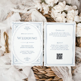Modern Deco Wit | Dusty Blue All in One Wedding Kaart