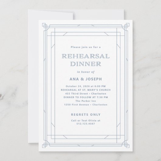 Modern deco wit en stoffig blauw repetitie diner kaart (Voorkant)