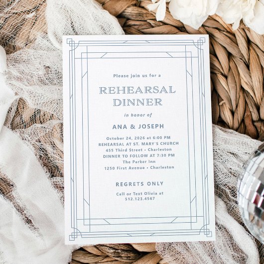 Modern deco wit en stoffig blauw repetitie diner kaart