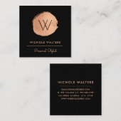 Modern Deep Black Faux Folie Circle | Roos Gold Vierkante Visitekaartje (Voorkant / Achterkant)