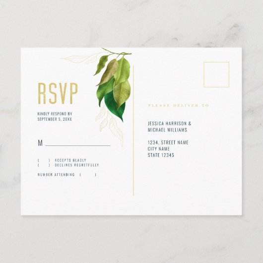 Modern Deep Blue Elegant Foliage Wedding RSVP Briefkaart (Achterkant)