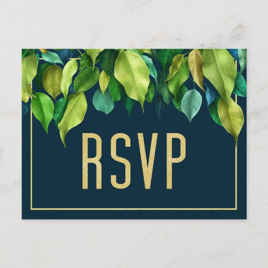 Modern Deep Blue Elegant Foliage Wedding RSVP Briefkaart (Voorkant)