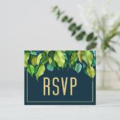 Modern Deep Blue Elegant Foliage Wedding RSVP Briefkaart (Staand voorkant)