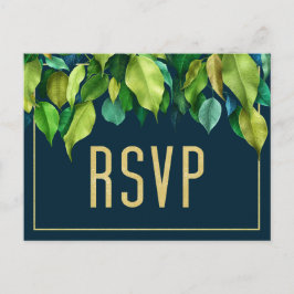 Modern Deep Blue Elegant Foliage Wedding RSVP Briefkaart