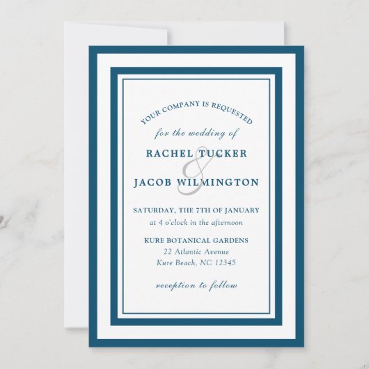 Modern Deep Blue White Border Simple Wedding Kaart (Voorkant)