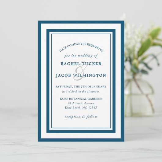 Modern Deep Blue White Border Simple Wedding Kaart (Staand voorkant)