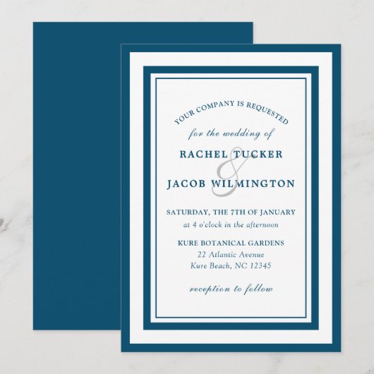 Modern Deep Blue White Border Simple Wedding Kaart (Voorkant / Achterkant)