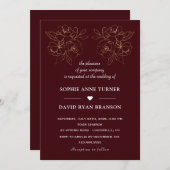 Modern Deep Burgundy Gold Line Art Flowers Wedding Kaart (Voorkant / Achterkant)