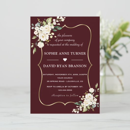 Modern Deep Burgundy White Ivory Flowers Wedding Kaart (Staand voorkant)