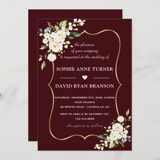 Modern Deep Burgundy White Ivory Flowers Wedding Kaart (Voorkant / Achterkant)