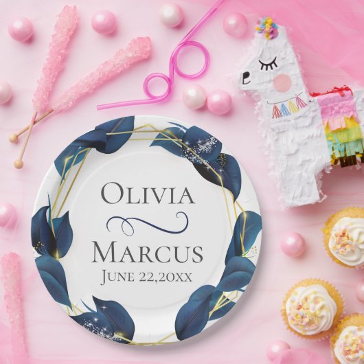 Modern Deep Indigo Blue en Gold Lijst Papieren Bordje (Feest)