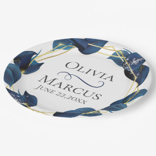 Modern Deep Indigo Blue en Gold Lijst Papieren Bordje