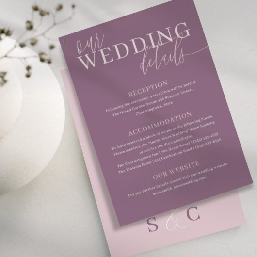 Modern Deep Mauve & Roos Gold Wedding Details Informatiekaartje