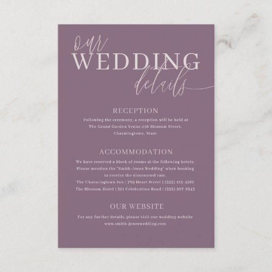 Modern Deep Mauve & Roos Gold Wedding Details Informatiekaartje (Voorkant)