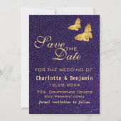 Modern Deep Paars Glitter & Gold Butterfly Save The Date (Voorkant)