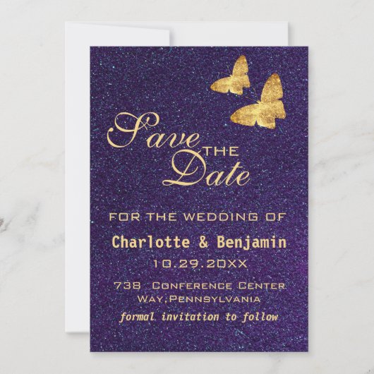 Modern Deep Paars Glitter & Gold Butterfly Save The Date (Voorkant)