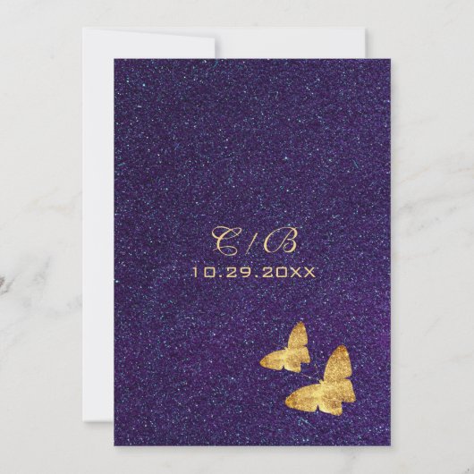 Modern Deep Paars Glitter & Gold Butterfly Save The Date (Achterkant)