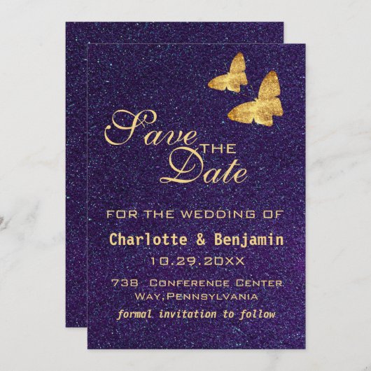 Modern Deep Paars Glitter & Gold Butterfly Save The Date (Voorkant / Achterkant)