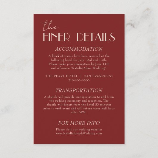 Modern Deep Red Cream Classy Fancy Wedding Details Informatiekaartje (Voorkant)