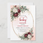 Modern Deep Red Floral Gold Baby Shower Invite Kaart (Voorkant)