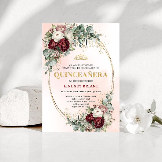 Modern Deep Red Flowers 15th Birthday Invitation Kaart