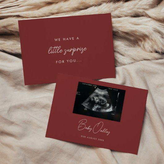Modern Deep Red "Little Surprise" Pregnancy Aankondiging