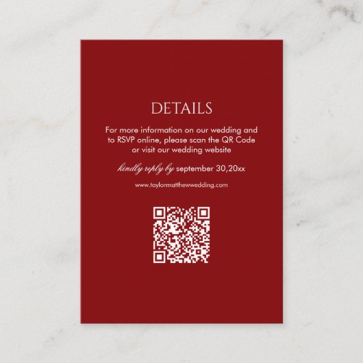 Modern Deep Red Wedding Details Qr Code Informatiekaartje (Voorkant)