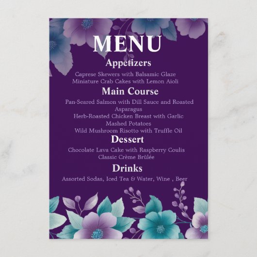 Modern 'Deep Zee Bloom' Wedding Menu | Paarse & Te (Voorkant)