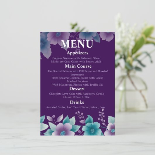 Modern 'Deep Zee Bloom' Wedding Menu | Paarse & Te (Staand voorkant)