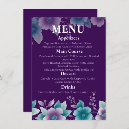 Modern 'Deep Zee Bloom' Wedding Menu | Paarse & Te (Voorkant / Achterkant)