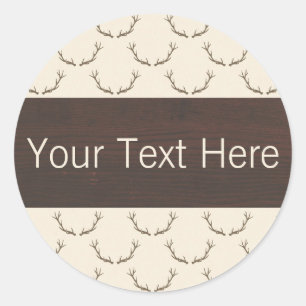 Modern Deer Antlers Pattern on Rustic Brown Wood Ronde Sticker