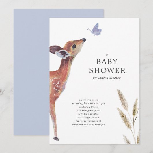 Modern Deer Blue Boy Baby shower Invitation Kaart (Voorkant / Achterkant)