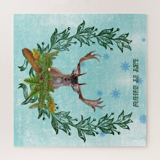 Modern  Deer Rustic Winter Snowflakes Blue Legpuzzel (Horizontaal)