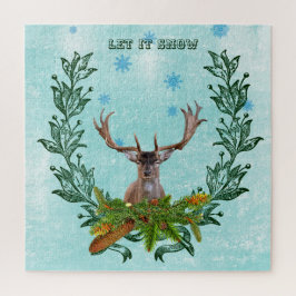 Modern  Deer Rustic Winter Snowflakes Blue Legpuzzel