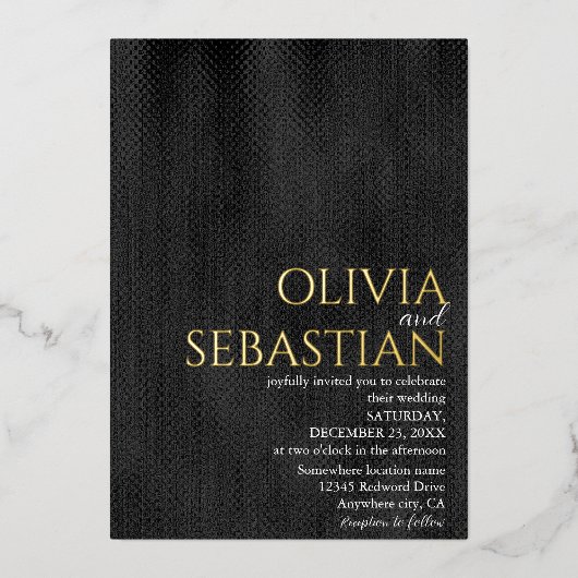 Modern delicaat zwart Minimal Textured Wedding Folie Uitnodiging (Voorkant)
