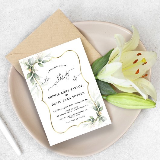Modern Delicate Greenery Gold Calligraphy Wedding Kaart