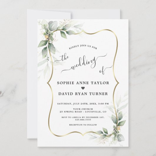 Modern Delicate Greenery Gold Calligraphy Wedding Kaart (Voorkant)