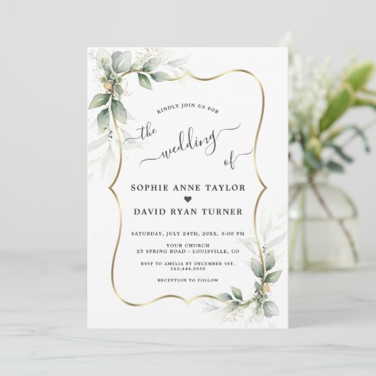 Modern Delicate Greenery Gold Calligraphy Wedding Kaart (Staand voorkant)