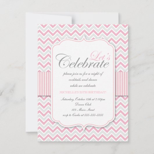 Modern Delicate Pink Chevron Birthday Party Kaart (Voorkant)
