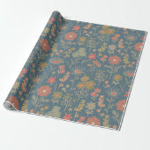 Modern Denim Blauw & Koraal Bloemen Cadeaupapier (Uitgerold)