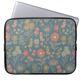 Modern Denim Blauw & Koraal Bloemen Laptop Sleeve
