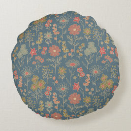 Modern Denim Blauw & Koraal Bloemen Rond Kussen