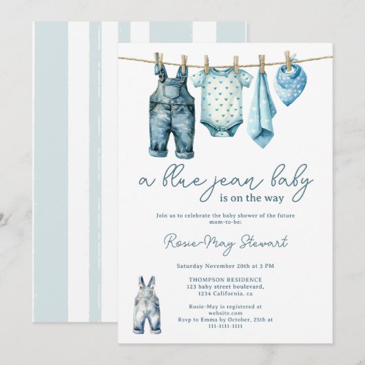Modern Denim Blue Jean Clothesline Baby shower Kaart (Voorkant / Achterkant)