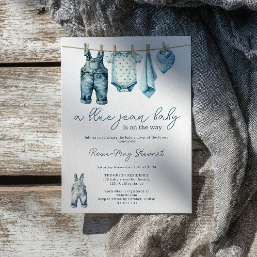 Modern Denim Blue Jean Clothesline Baby shower Kaart