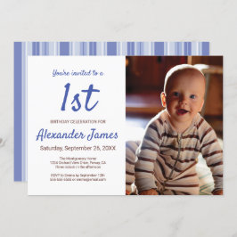 Modern Denim Blue Striped Boy Birthday Foto Kaart